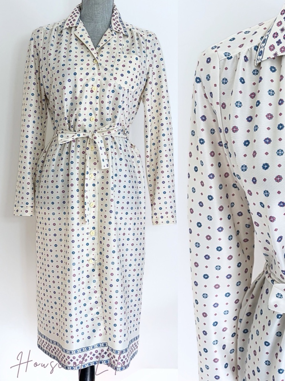 Vintage Floral Day Dress. Button Down Cottage Core Long Sleeve Casual Dress